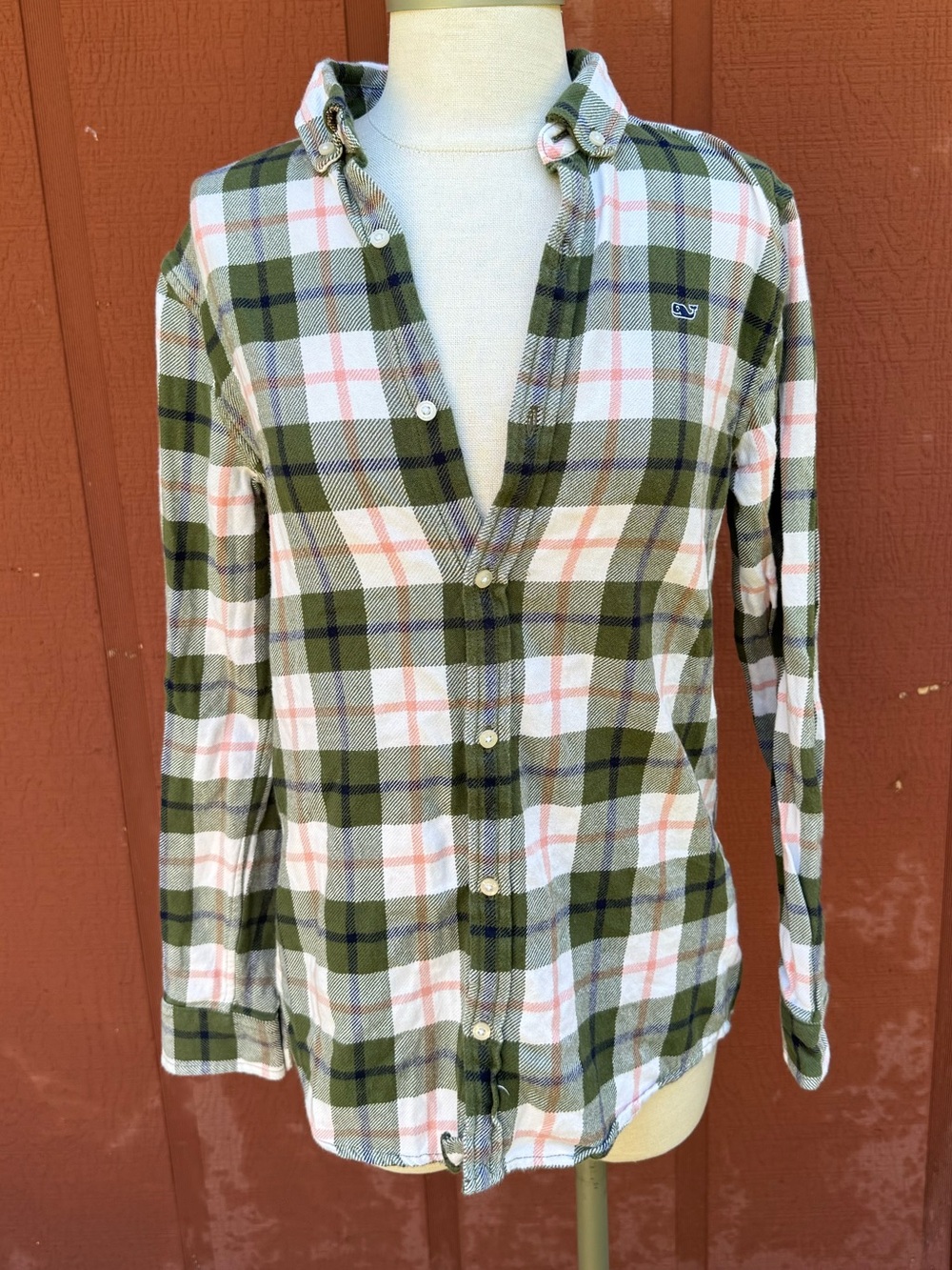 Vineyard Vines Boys Plaid Flannel Button Down Shirt Green Pink - Size Large
